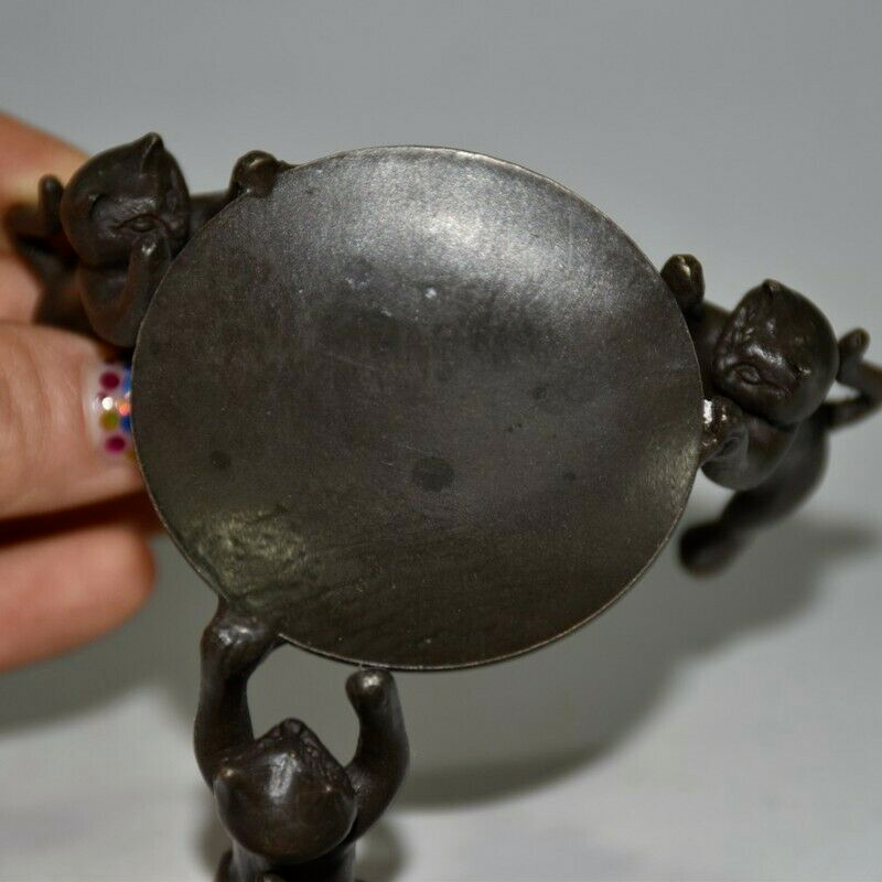Old Chinese bronze copper handmade Three cats Candlestick statue