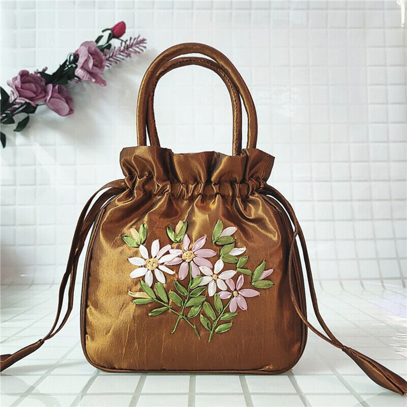 Women Ethnic Embroidered Floral Satin Handbag Girls Drawstring Tote Hanfu Bag
