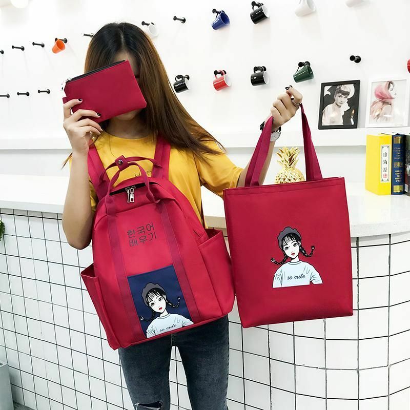 3 Pcs Sets Backpack School Bags Teenage Girls Women Casual Shoulder Zipper Solid