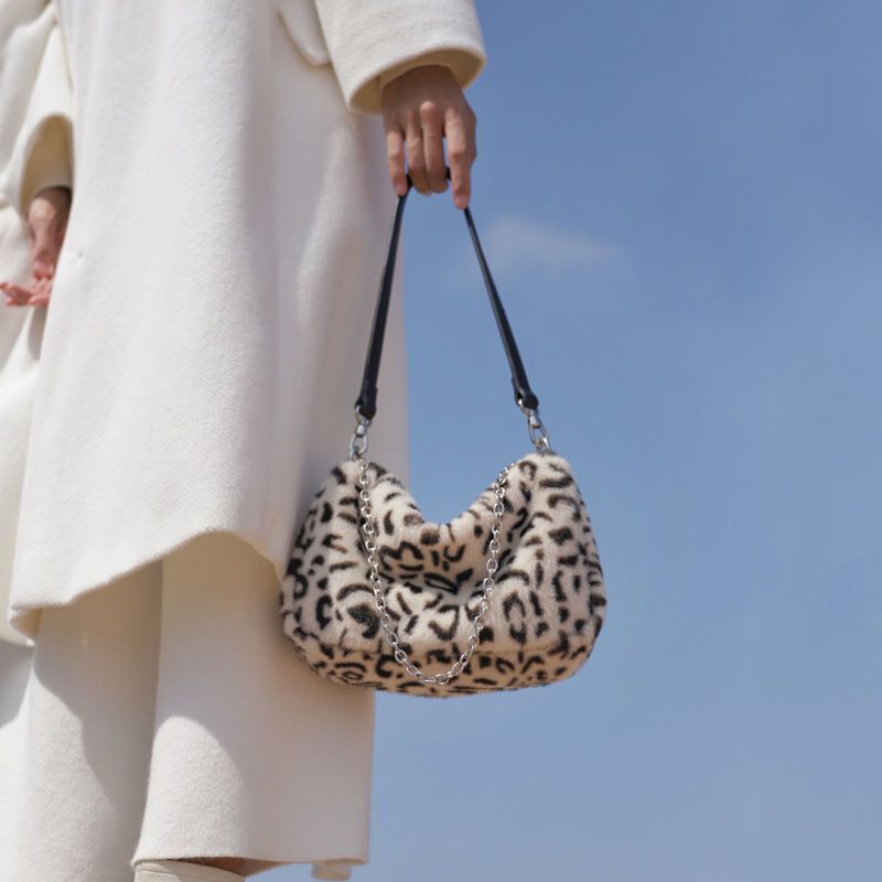 Winter Soft Plush Tote Purse Handbag Vintage Leopard Print Underarm Shoulder Bag