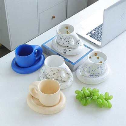 Nordic Klein Blue Coffee Mug with Fat Big Handle Ceramic Cup with Saucer