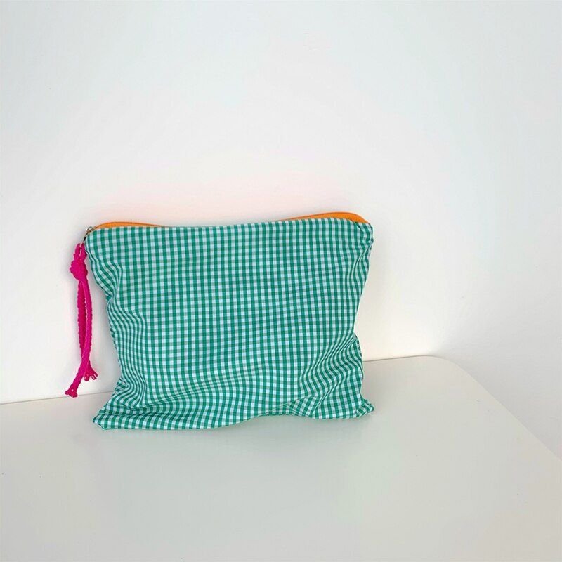 Plaid Makeup Cotton Linen Cosmetic Bag Zipper Pouch Storage Bags 21*17 CM Square