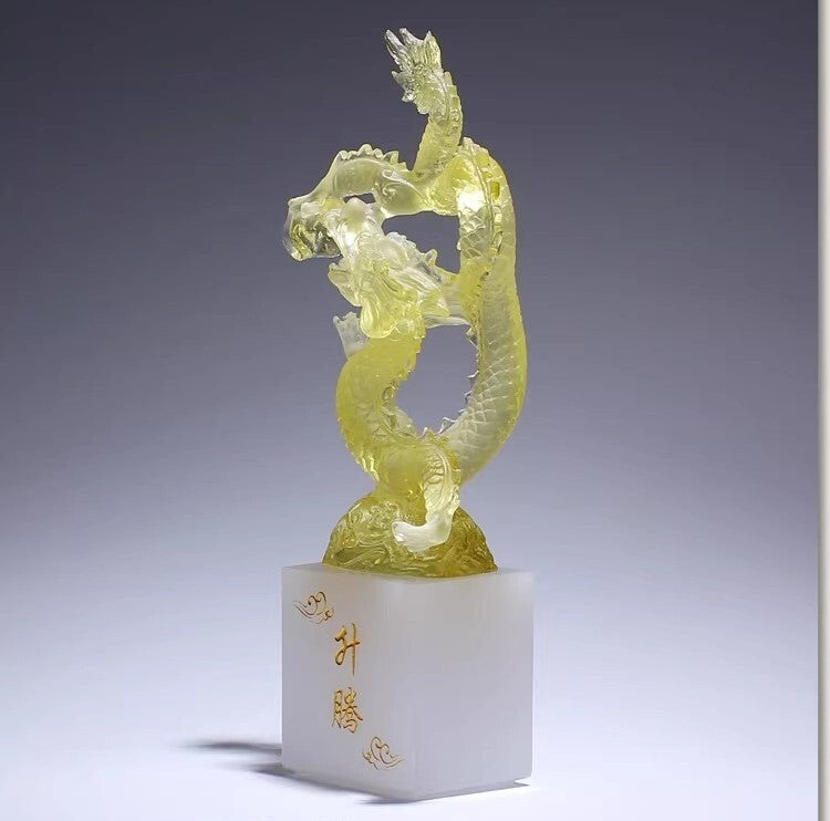 9" Chinese Liu Li Feng Shui Decor Crystal Dragon Statue Office