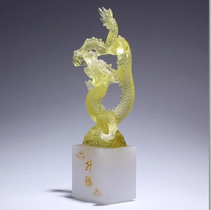 9" Chinese Liu Li Feng Shui Decor Crystal Dragon Statue Office