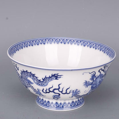6.1 inch Chinese Qing Qianlong Blue and White Two Dragons Design Porcelain Bowl