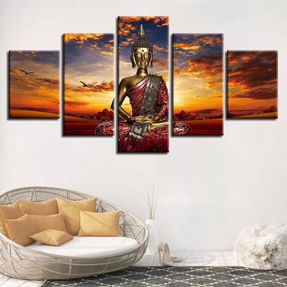 Sunset Buddha Meditation Statue Buddhism Canvas Print Painting Wall Art Decor 5P