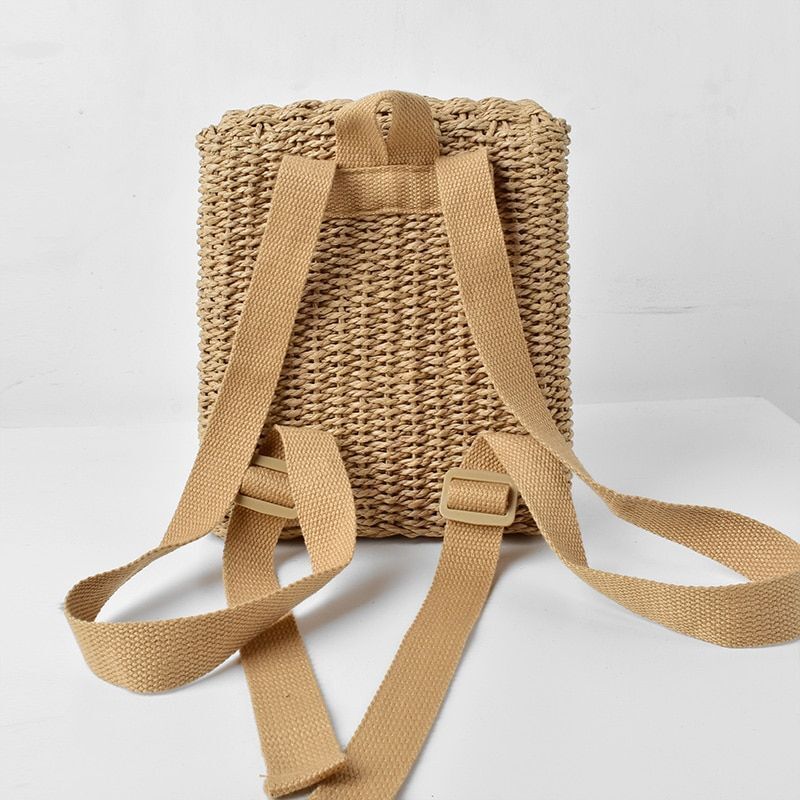 Straw Woven Bag Backpack 20-35L Hasp Polyester Brown Purse Retractable Traveling
