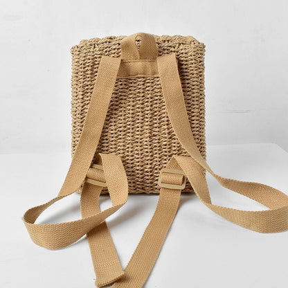 Straw Woven Bag Backpack 20-35L Hasp Polyester Brown Purse Retractable Traveling