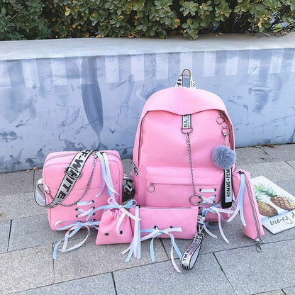 Students Backpack 5 pcs/set Ribbon Chain Girl Laptop School Bags Bookbag Oxford
