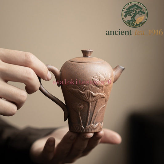 140ml Chinese Rough Pottery Old Rock Mud Relief Lotus Teapot Kungfu Teaware