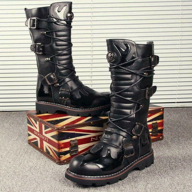 Gothic Mens Punk Lace Up Knee High Boot Military Motorcycle Black Biker Shoes