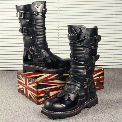 Gothic Mens Punk Lace Up Knee High Boot Military Motorcycle Black Biker Shoes