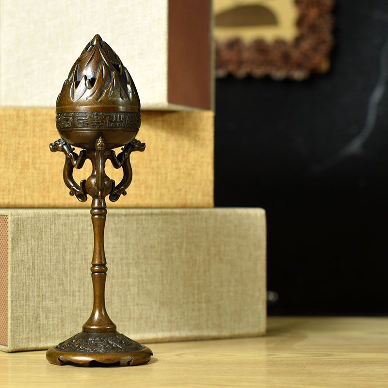 Pure Copper Dragon Phoenix Boshan Incense Burner 23x5.5cm Antique Censer 450g