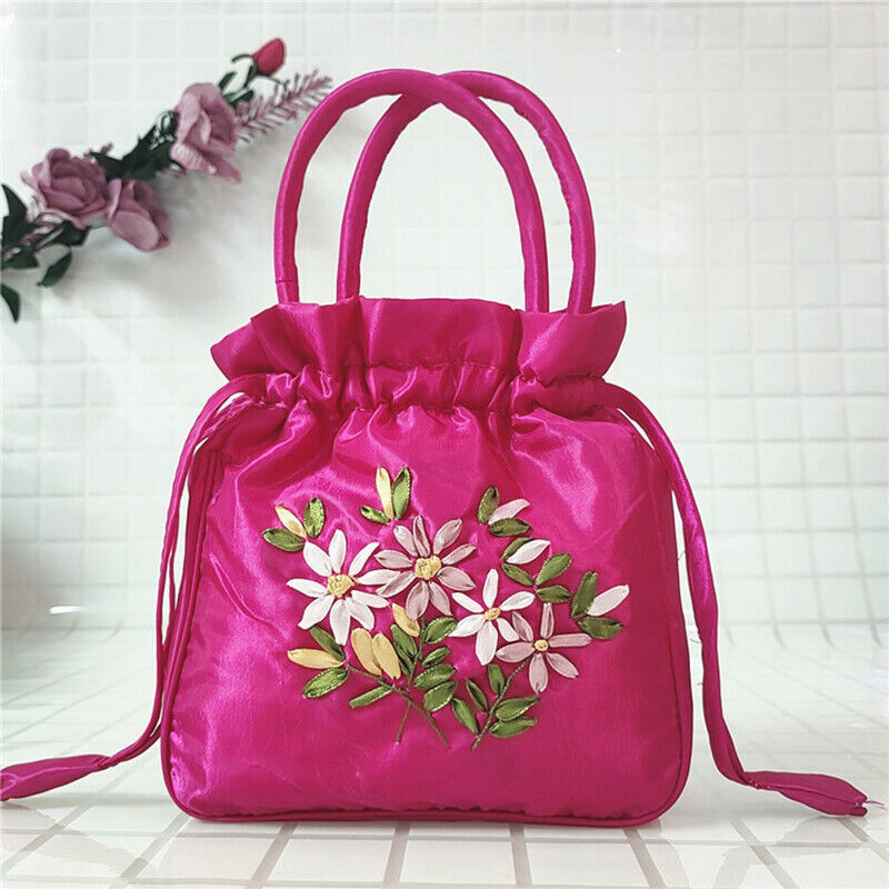 Women Ethnic Embroidered Floral Satin Handbag Girls Drawstring Tote Hanfu Bag
