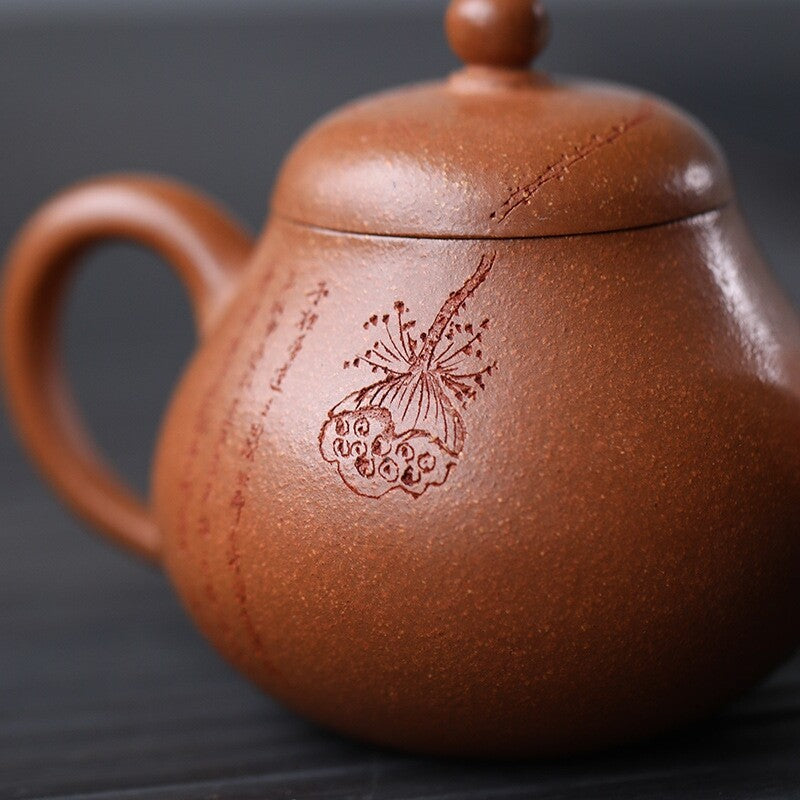 170ml Handmade Tea Pot Marked Traditional Lotus Flower Carved Jiangpo Clay Pot