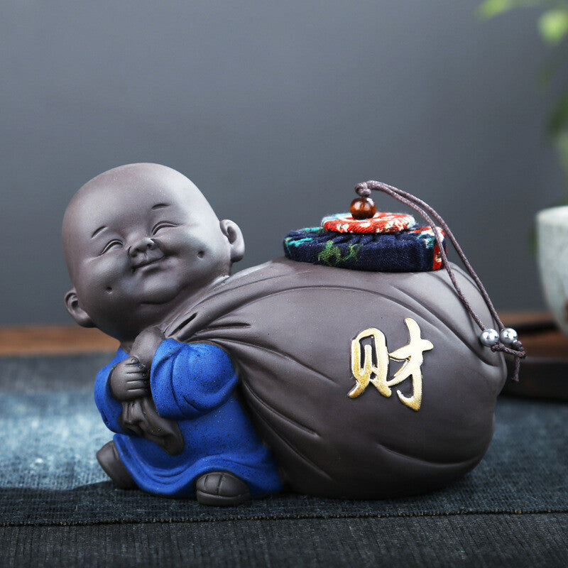 Small Tea Canister With Sealed Lid Yixing Zisha Purple Clay Buddha Statue Caddy