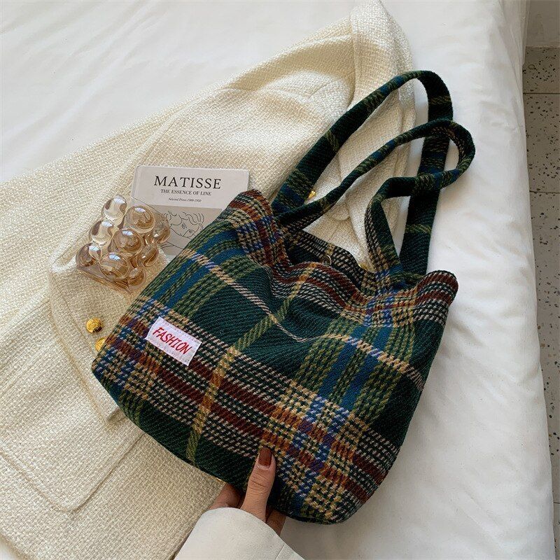 Tote Shoulder Bag Large Capacity Soft Plaid Travel Handbag 31*28*10 CM Green 1PC