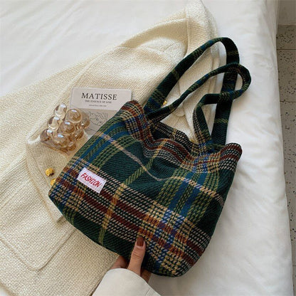 Tote Shoulder Bag Large Capacity Soft Plaid Travel Handbag 31*28*10 CM Green 1PC