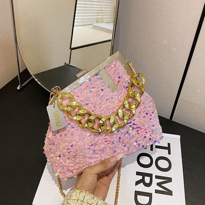Sequin Shoulder Messenger Bag Buckle Handbag Thick Chain Polyester Purse Hasps