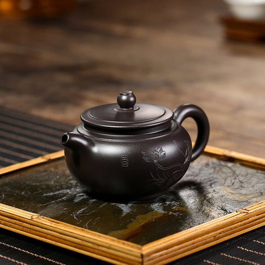 5" Chinese Yixing Zisha Pottery Black Zhu Clay 200ML Lotus Flower Teapot 壶趣