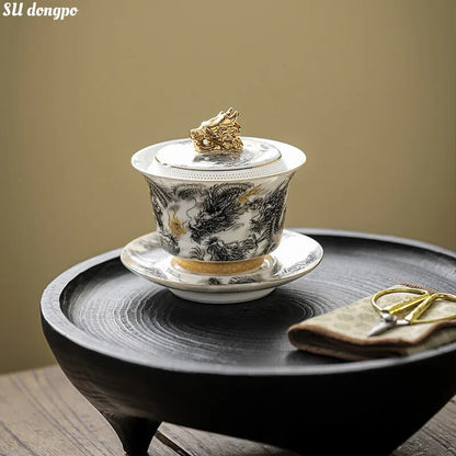 Chinese Dark Dragon Sheep Fat Jade Porcelain Gaiwan High-end Retro Tea Bowl