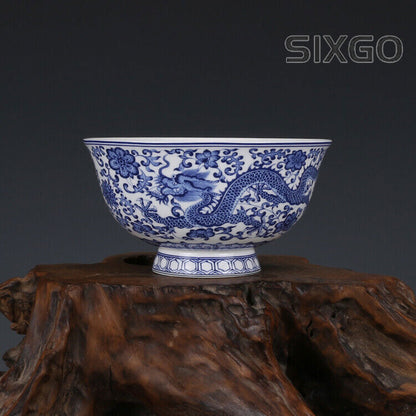 Chinese Qing Qianlong Old Antique Porcelain Blue White Dragon Bowl