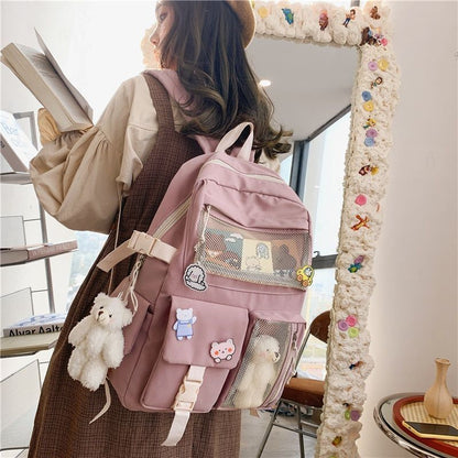 Buckle Badge Backpack Candy Color Fashion Cute Schoolbag Shoulder Bag 32*43*13CM