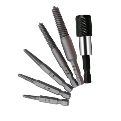 Woodworking hex shank headless screw extractor kit includes 5 different-size