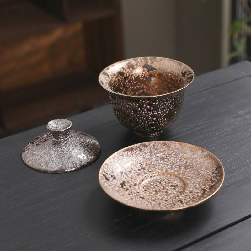 Master Zhou Kai Shui Crystal Glaze Gaiwan 200ml Luxury Three-Piece Tea Bowl