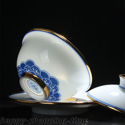 Luxury Chinese Top White Porcelain Pu'er Tea Set Gaiwan Tea Cup Saucer Pitcher