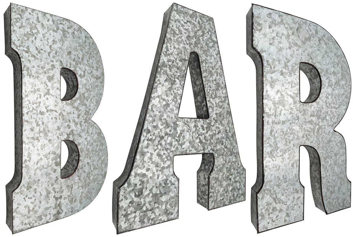 20" Tall Metal "BAR" Letters-Hanging Décor, Silver w\ Rusted Edges