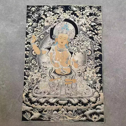 Retro Brocade Craft Thangka Embroidery Painting Caishen Buddha Tangka