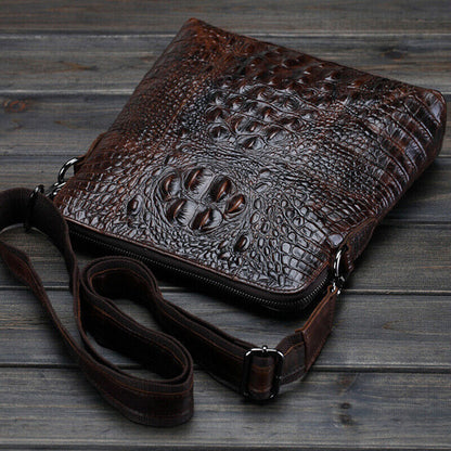 100% Genuine Leather Mens Crocodile Messenger/Shoulder Bag 8" CrossBody Sing Bag