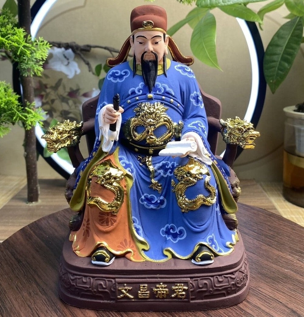 8" Hand Painting Boxwood Wenchang Dijun Emperor Statue Wen Chang Wang King God