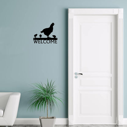 Hen and Chicks Welcome Sign - 12 inch Wide Metal Wall Art