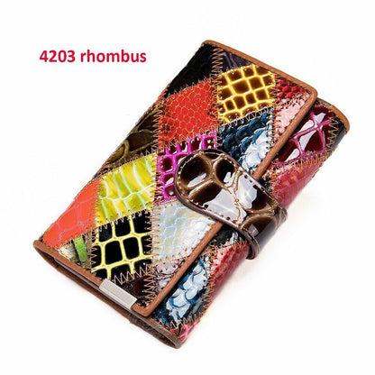Women Long Medium Size Wallet Genuine Leather Patchwork Ladies Zipper Clutch Bag