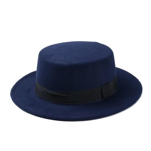 Flat Top Hat Wool Pork Pie Boater Fashion for Men Women Wide Brim Gambler Hat