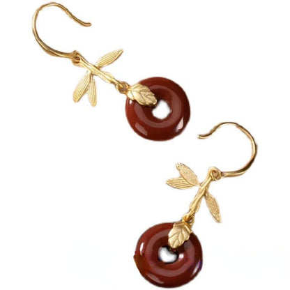 New Vintage Jewelry Red Jade Donut Earrings Women 925 Silver
