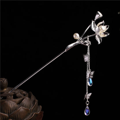 Chinese Traditional Classical Flower Simulated Pearls Tassel Hair Clasp Decor