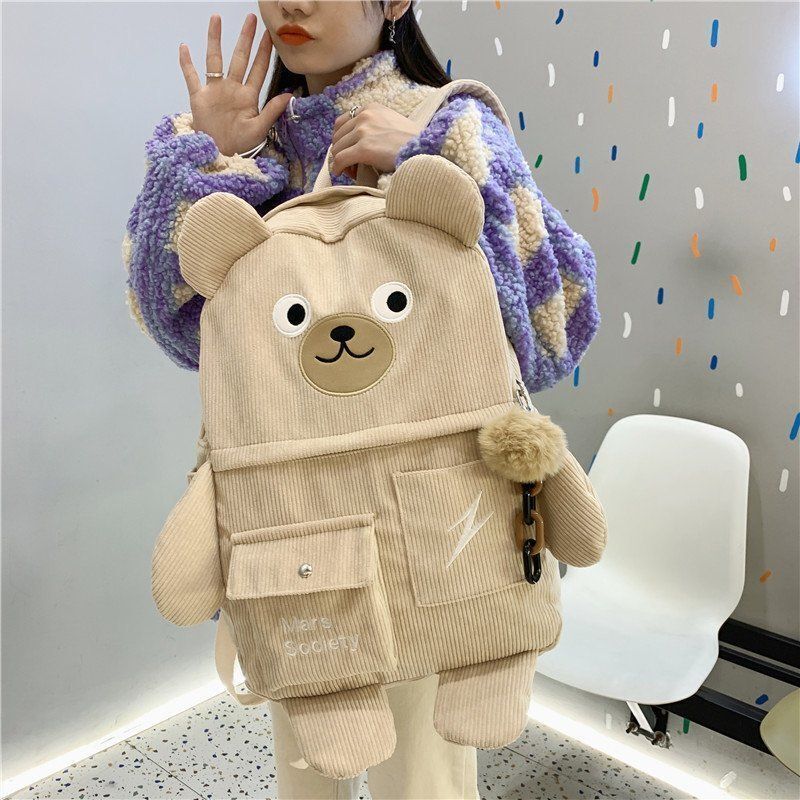 Corduroy Bear Backpacks Multi-pockets School Bags Large Schoolbags 43*30*13 CM