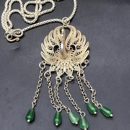 Vintage Peacock Filigree Pendant Necklace Silver-Plated 33cm Long Sweater Chain