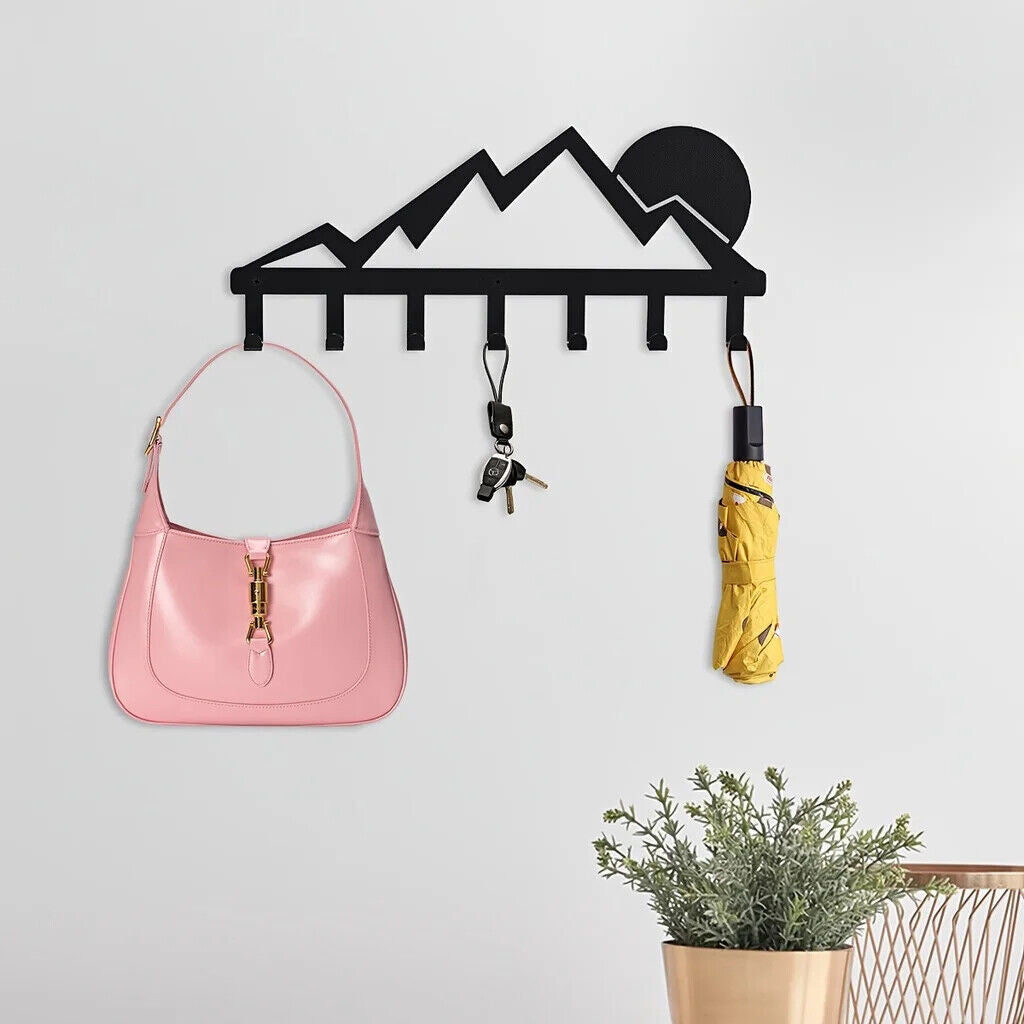 Mountain Metal Key Holder 7 Hooks Sunset Scenery Black Iron Wall Mounted Hooks