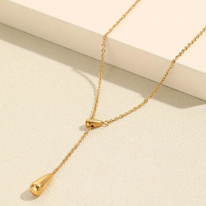 Teardrop Shape Beads Necklace 18K Gold Plated Golden Titanium Steel Chain Women