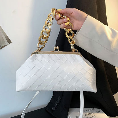 Leather Weave Handbag Thick Chain Handle Dumpling Shape Crossbody Purse 32*15*11