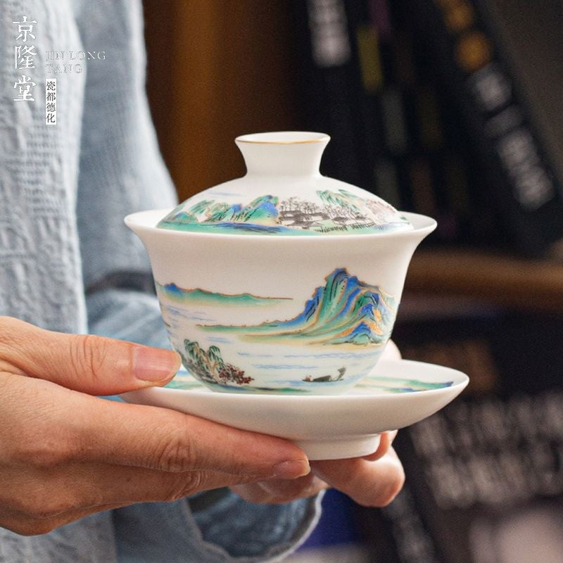 Dehua White Porcelain Qianli Jiangshan Gaiwan 150ml Handmade Kung Fu Tea Cup