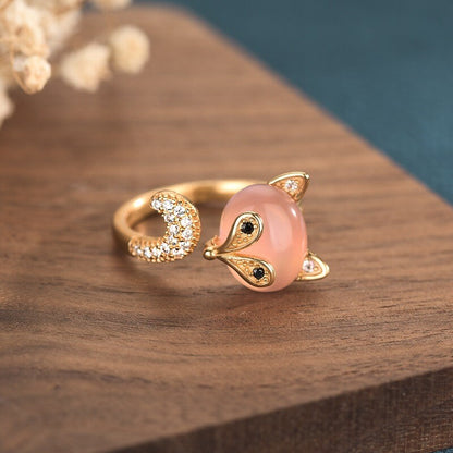 Pink Jade Fox Ring Natural Adjustable Ring Fashion Ladies Jewelry 925 Silver -
