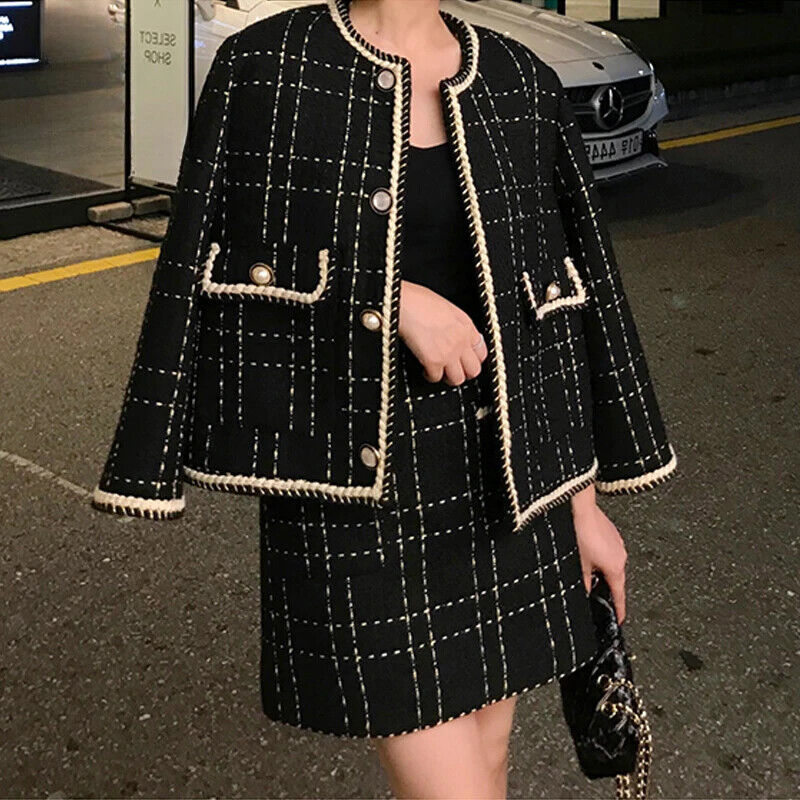 Plaid Tweed Jacket Coat + Mini Skirt Set Women 2 Piece Set Outfits Tracksuit