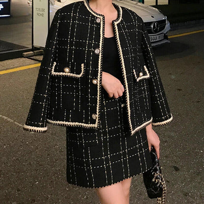 Plaid Tweed Jacket Coat + Mini Skirt Set Women 2 Piece Set Outfits Tracksuit