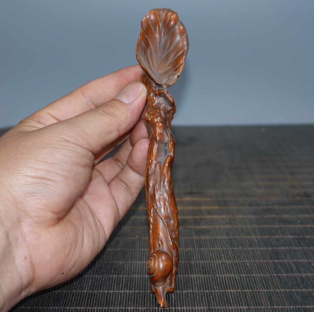 6.7" Collect China Box-wood Carving Animal Snail Tea Shovel Statue
