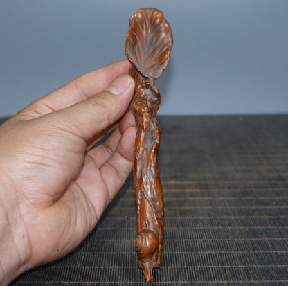 6.7" Collect China Box-wood Carving Animal Snail Tea Shovel Statue